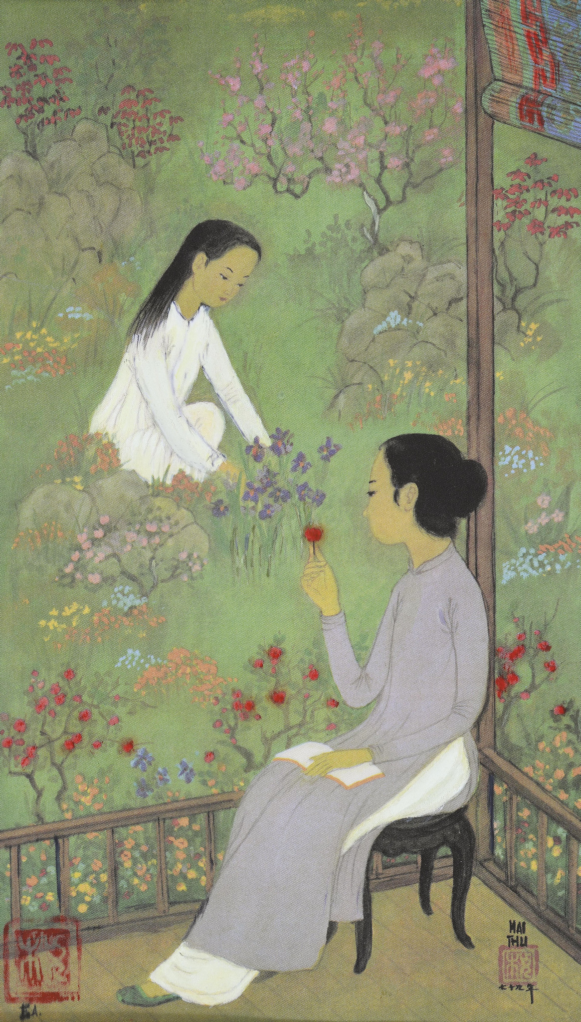 Bức tranh tựa đề "Le Printemps" (Mùa xuân) của Mai Trung Thứ, vẽ hai thiếu nữ Việt trong vườn hoa mùa xuân.