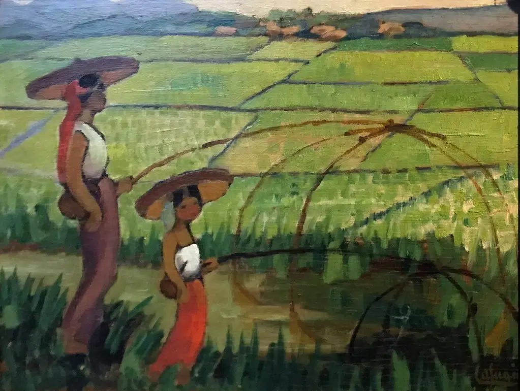 Kéo vó trên đồng lúa. Tranh sơn dầu của Léa Lafugie (1890-1972)