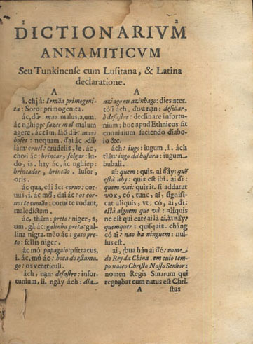 Tự điển in năm 1651 bằng ba thứ tiếng Việt-Bồ-La của giáo sĩ Alexandre de Rhodes